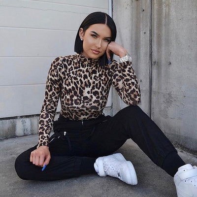 FASHERN LEOPARD PRINT TURTLENECK BODYSUIT