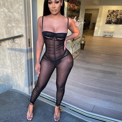 FASHERN MESH SHEER JUMPSUIT