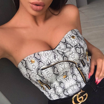 FASHERN SNAKE PRINT ZIPPER TOP